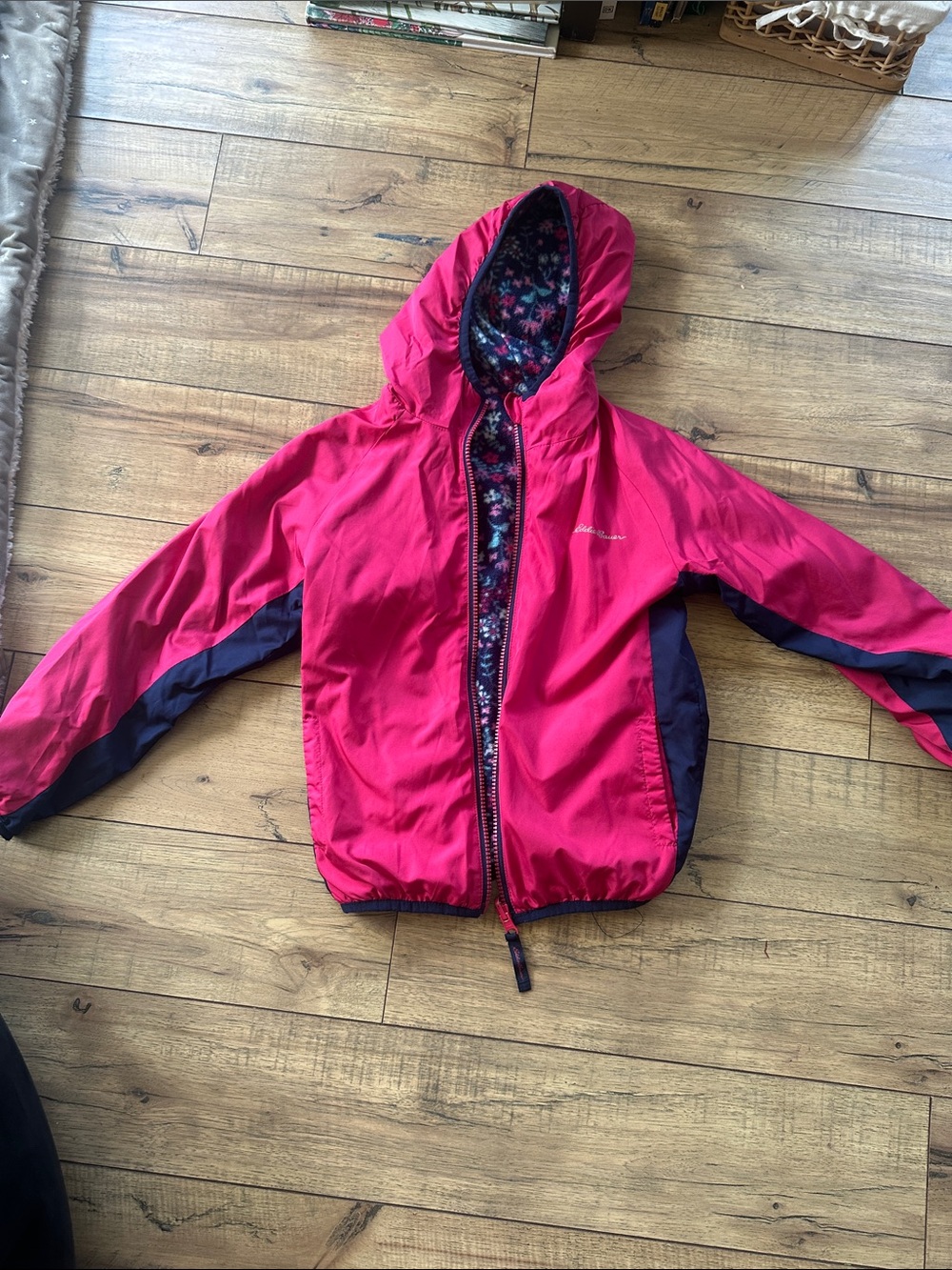 Eddie Bauer Pink Hooded Raincoat with Navy Panels